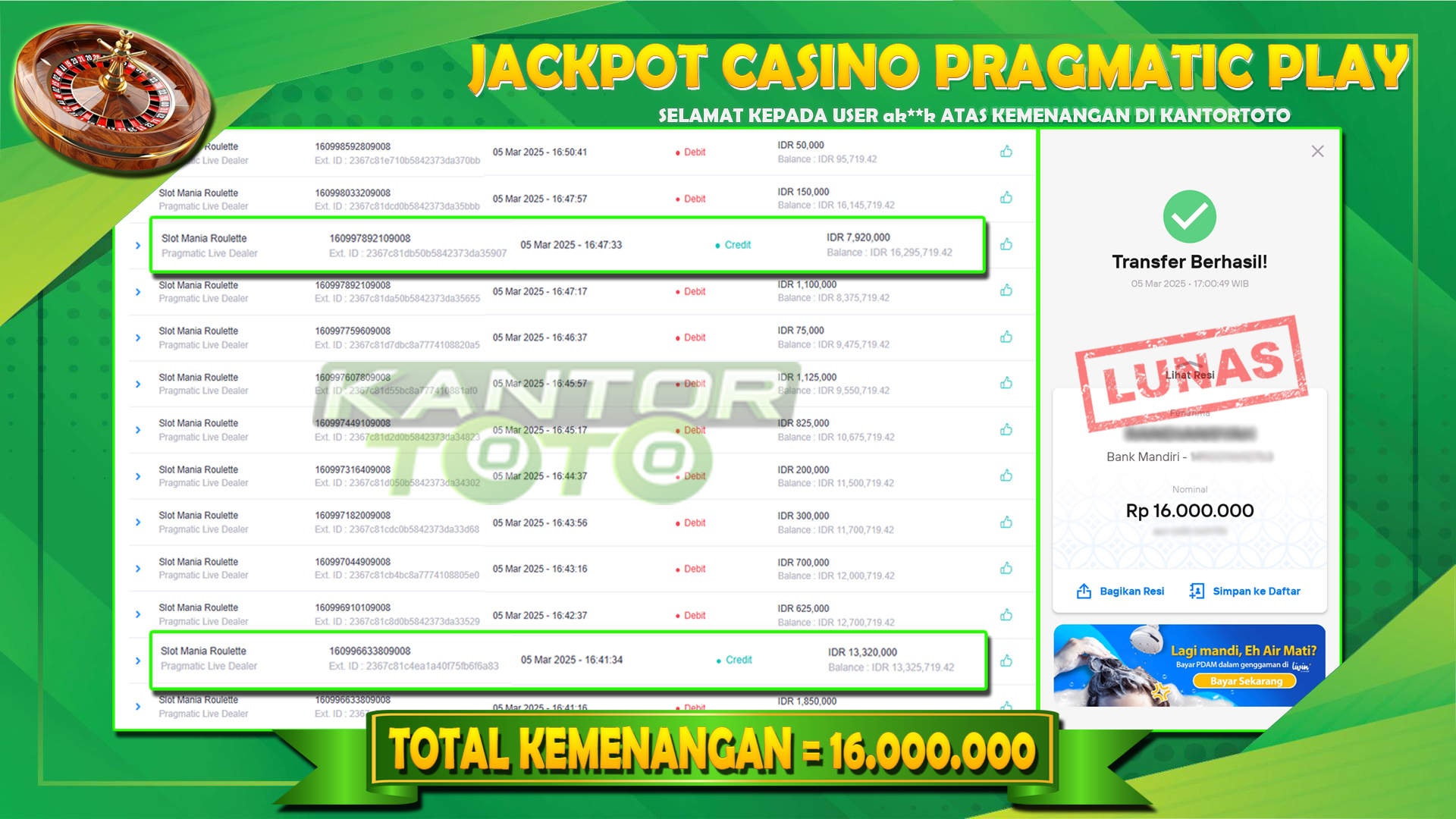 Image of KANTORTOTO JACKPOT CASINO PRAGMATIC PLAY - Rp16.000.000 LUNAS