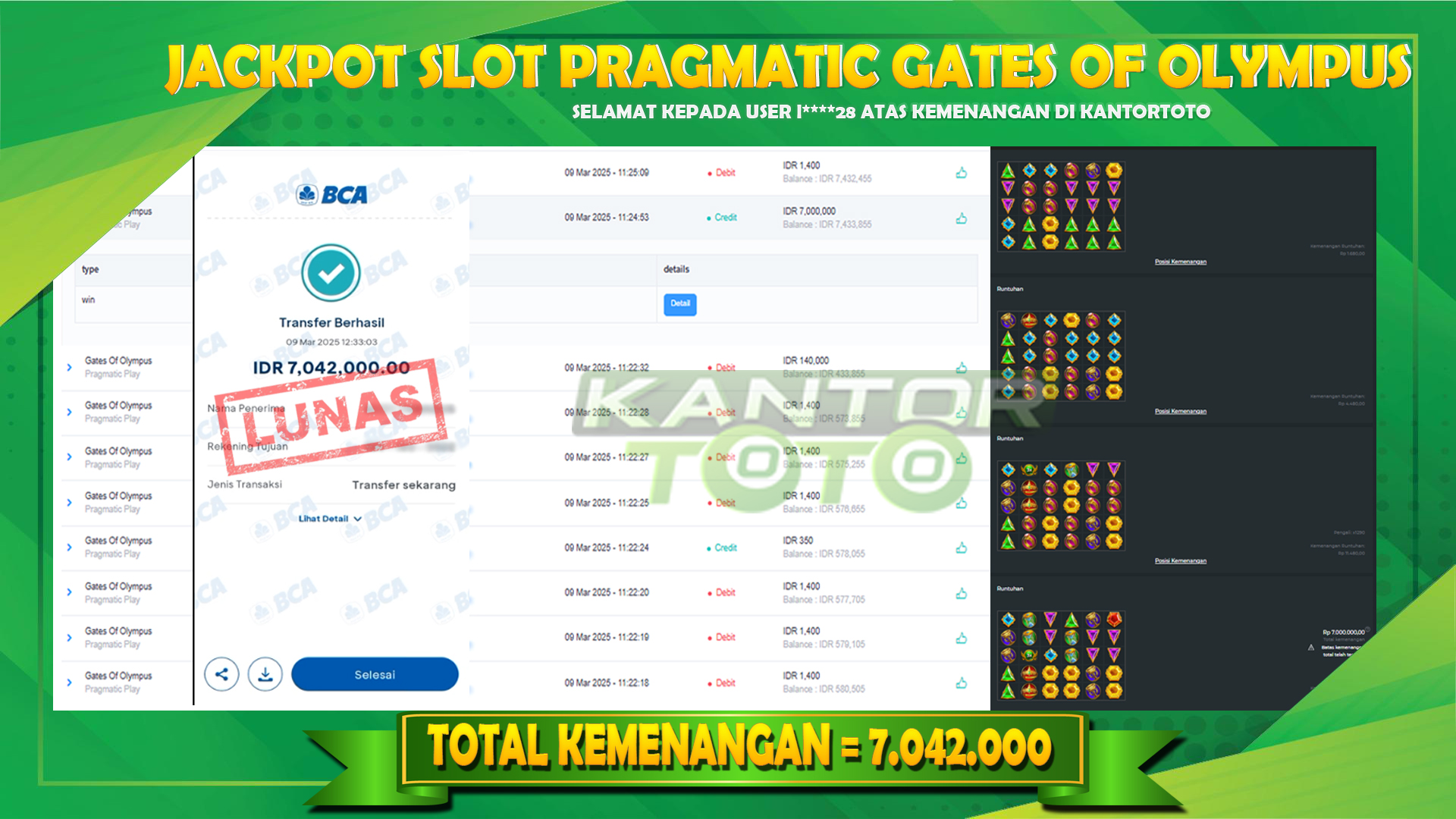 Image of KANTORTOTO JACKPOT SLOT PRAGMATIC GATES OF OLYMPUS Rp.7.042.00 - LUNAS