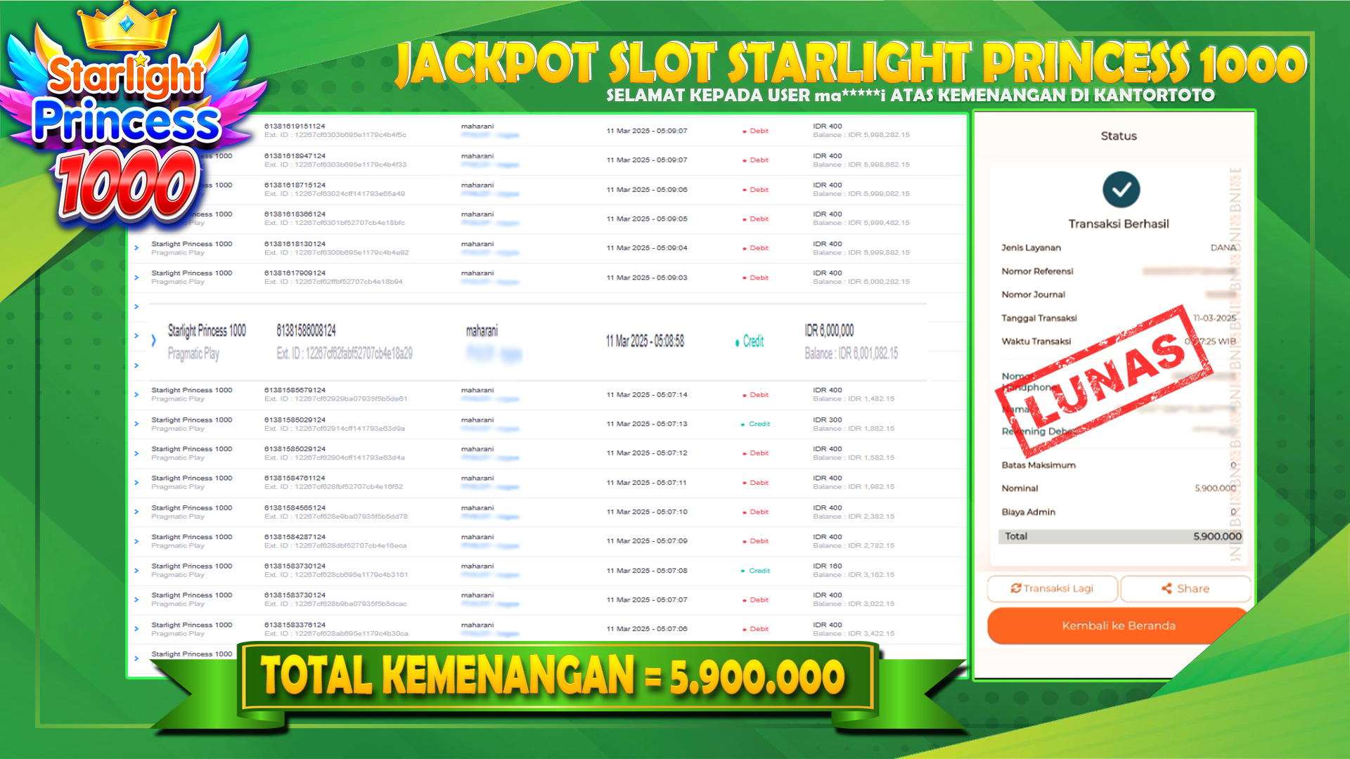 Image of KANTORTOTO JACKPOT SLOT STARLIGHT PRINCESSS 1000 - LUNAS